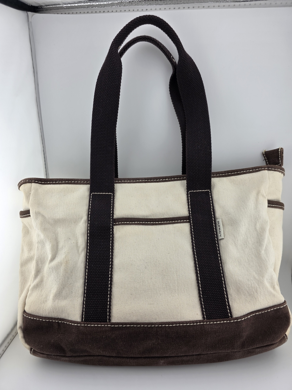 Vintage Old Navy Canvas Tote Bag Brown Trim Cotton Boat Bag Style